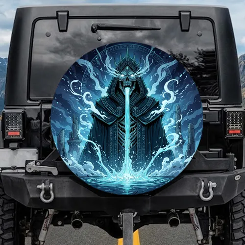 Crowned Skeletal Figure Ethereal Stream Cryptic Runes - Travel Essentials Gift Spare Tire Cover