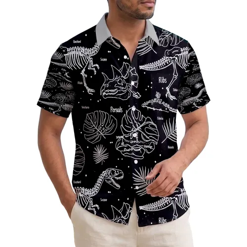 Tarbosaurus Triceratops Stegosaurus Skeletons Tropical Leaves - Paleontology Fan Gift Hawaiian Shirt