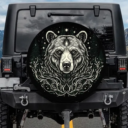 Bear Head Stars Forest Foliage Midnight Sky - Wildlife Lover Gift for Outdoor Enthusiast Spare Tire Cover