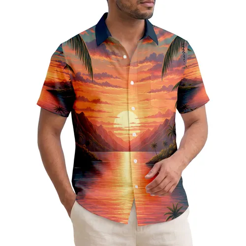 Tropical Sunset Bay Mountains Palm Trees Foliage - Home Decor Gift for Travel Lovers Hawaiian Shirt