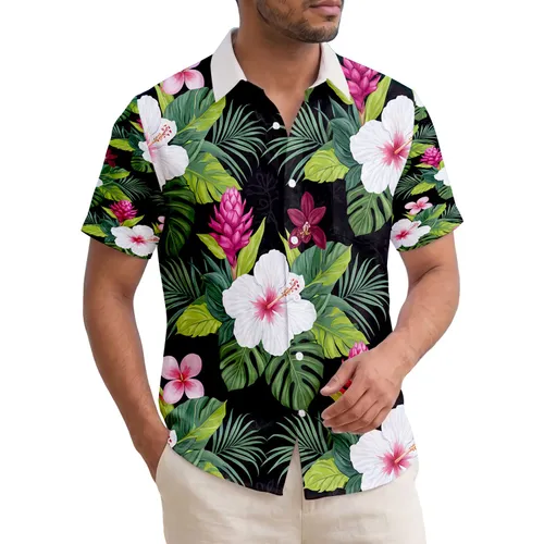 White Hibiscus Pink Ginger Orchid Monstera Leaves - Home Decor Gift Hawaiian Shirt