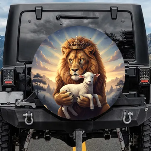Protective Lion Lamb Crown Mountain Twilight Sky - Wildlife Lover Gift Spare Tire Cover