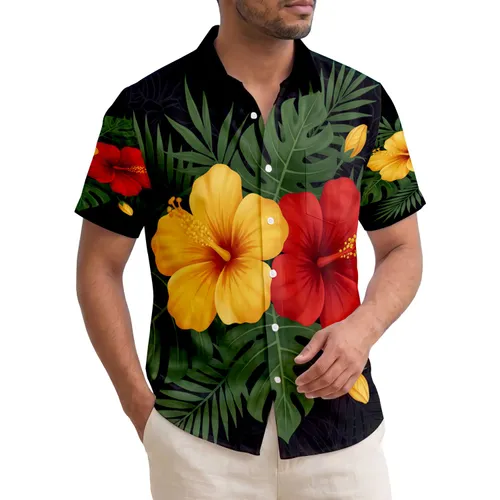 Hibiscus Flowers Deep Green Leaves Black Background - Home Decor Gift Hawaiian Shirt