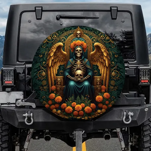 Regal Skeletal Queen Marigold Skull Throne - Día de Muertos Gift for Gothic Art Lover Spare Tire Cover