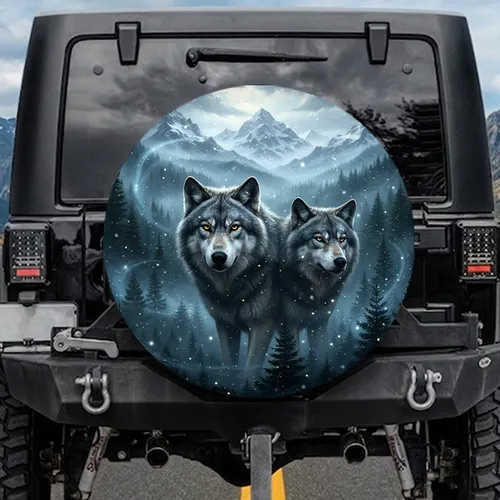 Two Grey Wolves Coniferous Forest Rugged Snow-Capped Mountains - Wildlife Lover Gift Spare Tire Cover