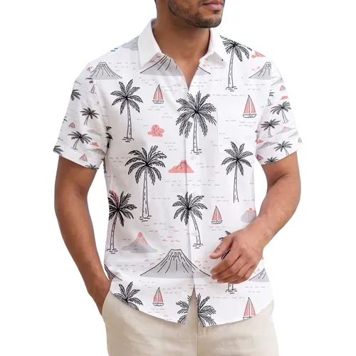 Palm Trees Volcanic Islands Minimalist Sailboats - Tropical Travel Gift Hawaiian Shirt