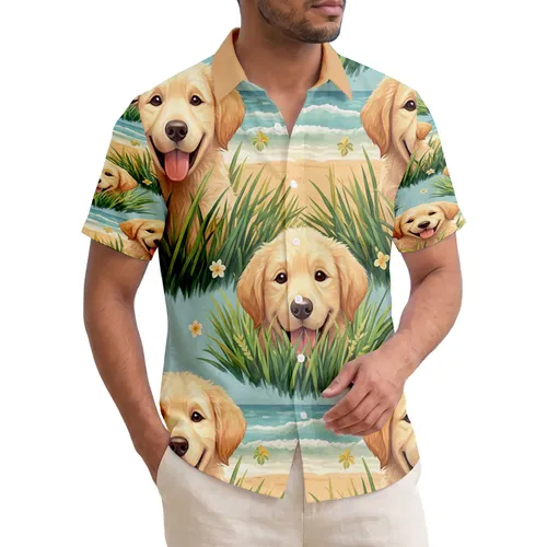 Golden Retriever Puppies Tropical Ocean Beach - Dog Lover Coastal Home Decor Gift Hawaiian Shirt