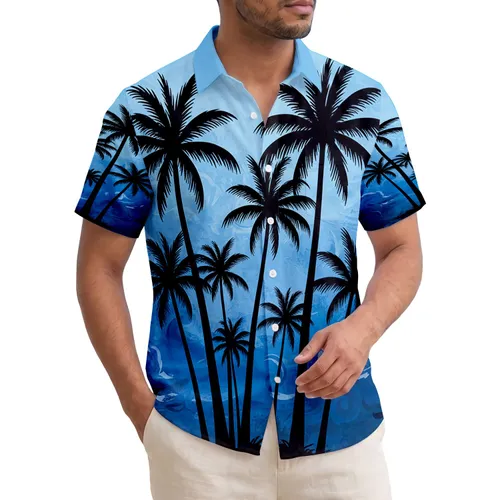 Tropical Black Palm Tree Silhouettes Light to Dark Blue Ocean Sky - Home Decor Gift Hawaiian Shirt