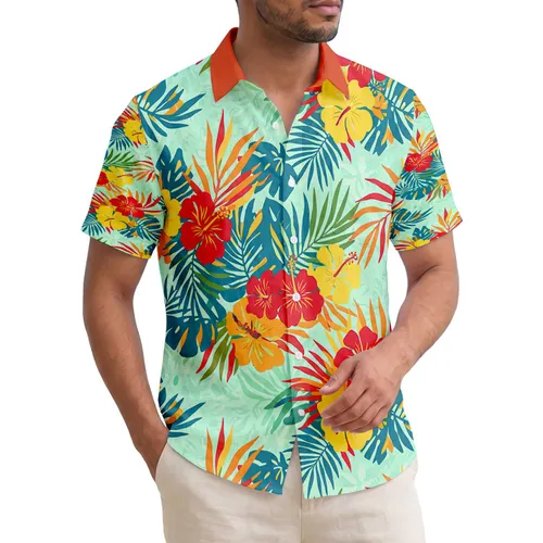 Red-Orange Tipped Palm Fronds Hibiscus Flowers Tropical Foliage - Home Decor Gift Hawaiian Shirt