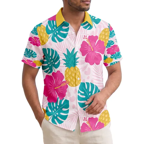 Pink Hibiscus Golden Pineapple Tropical Leaves - Tropical Home Decor Gift Hawaiian Shirt