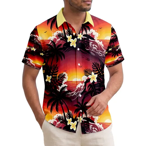 Tiki Statues Palm Trees Plumeria Ocean Sunset - Home Decor Gift Hawaiian Shirt