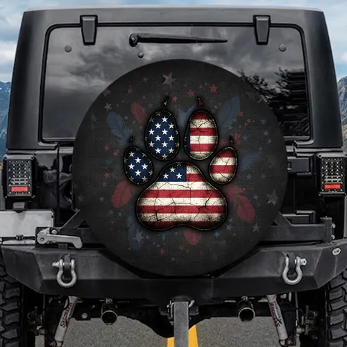 Paw Print American Flag Distressed - Independence Day Gift for Veterans Spare Tire Cover