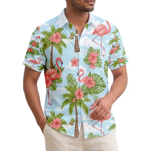 Coral Pink Flamingo Palm Tree Hibiscus Flowers Sky Clouds - Beach Vacation Gift Hawaiian Shirt