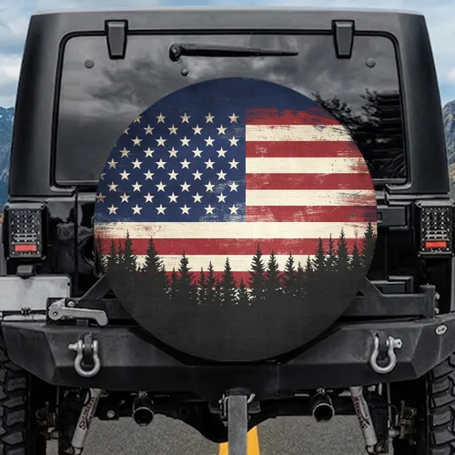 Distressed American Flag Forest - Independence Day Gift for Veterans Spare Tire Cover