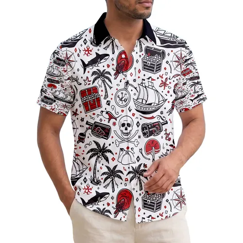 Pirate Skull Ship Octopus Compass Shark Anchor Palm Tree - Ocean Adventure Gift Hawaiian Shirt