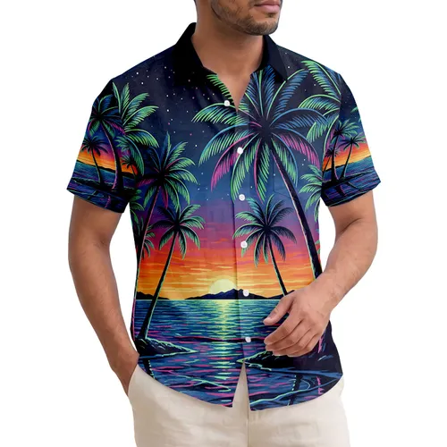 Silhouetted Palm Trees Neon Glow Beach Night Sky - Tropical Lifestyle Gift Hawaiian Shirt
