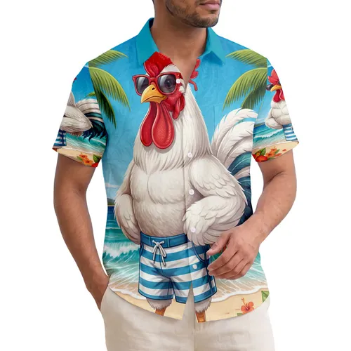 White Rooster Sunglasses Swim Shorts Sandy Beach Scene - Tropical Lifestyle Gift Hawaiian Shirt