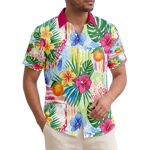 Tropical Flowers Leaves Citrus Fruits Wavy Stripes Diamond Grids - Vacation Gift Hawaiian Shirt