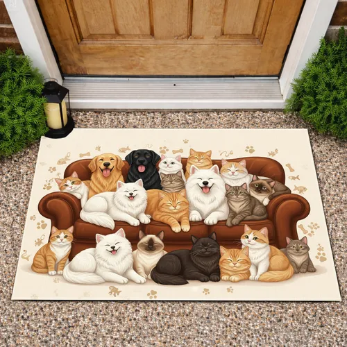 Group of Diverse Pet Cats Dogs Rich Brown Leather Sofa - Home Decor Gift for Pet Parents Doormat