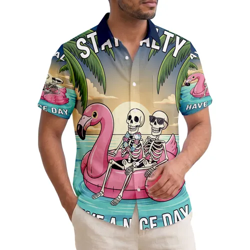 Skeletons Flamingo Float Stay Salty Tropical Sunset Palm Trees - Beach Vacation Gift Hawaiian Shirt