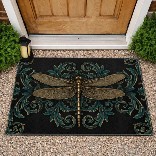 Antique Gold Bronze Dragonfly Teal Acanthus - Home Decor Gift Doormat