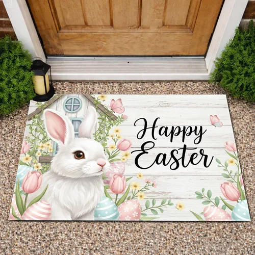 Easter Bunny Happy Easter Spring Flowers - Easter Celebration Gift Doormat