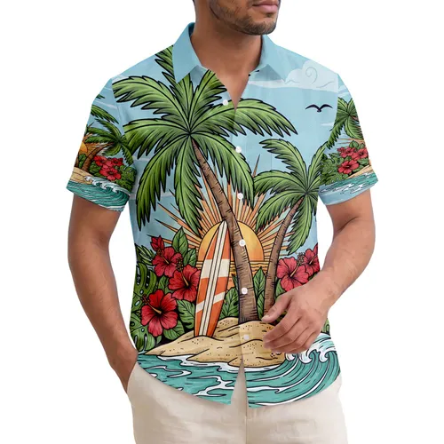 Palm Tree Surfboard Sunset Beach Ocean Waves - Tropical Island Lifestyle Gift Hawaiian Shirt