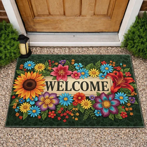 WELCOME Botanical Floral Border Sunflower Lily Daisy - Home Decor Gift Doormat