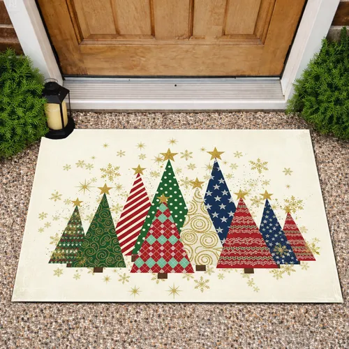 Festive Patchwork Christmas Trees Gold Snowflakes and Starbursts - Winter Holiday Decor Doormat