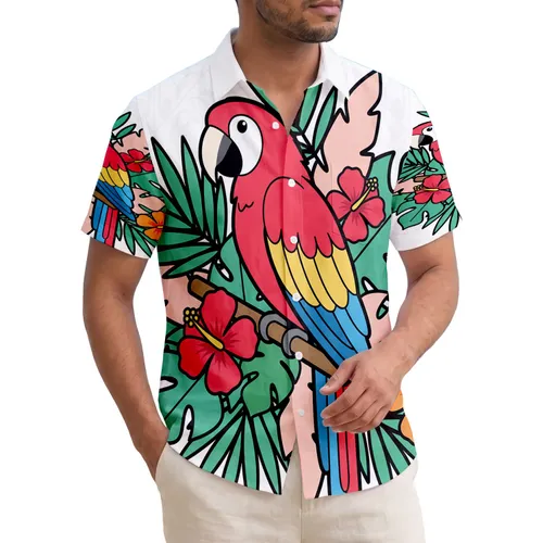 Scarlet Macaw Hibiscus Leaves Branch - Tropical Decor Gift Hawaiian Shirt