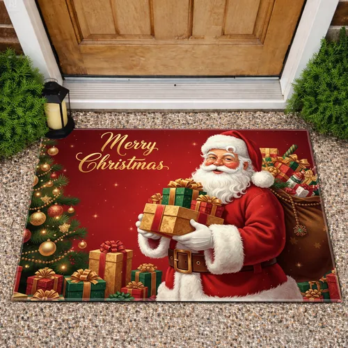 Classic Smiling Santa Claus Gifts Christmas Tree Gold Script - Holiday Home Decor Doormat