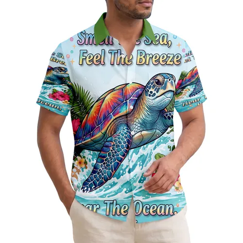 Sea Turtle Ocean Waves Tropical Palm Trees Sandy Island Bubbles - Ocean Lover Gift Hawaiian Shirt