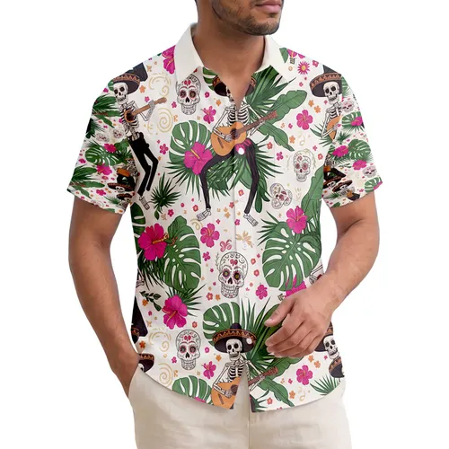 Skeletal Calaveras Sugar Skulls Tropical Leaves Hibiscus Day of the Dead Celebration Party Hawaiian Shirt