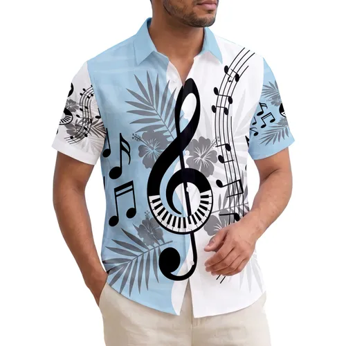 Black Treble Clef Piano Notes Tropical Palm Hibiscus - Music Lover Gift Hawaiian Shirt