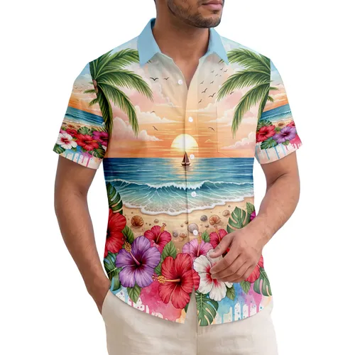 Tropical Sunset Beach Palm Trees Hibiscus Flowers - Home Decor Gift for Tropical Lover Hawaiian Shirt