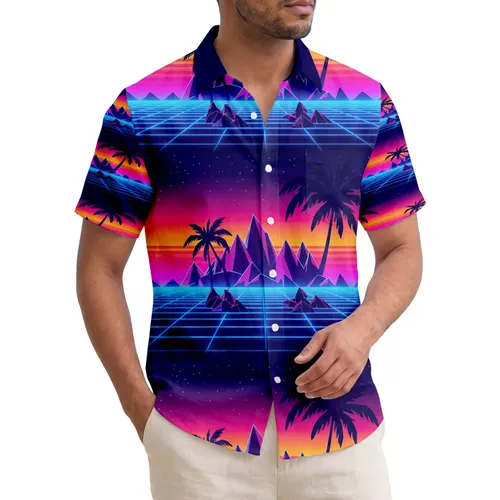 Purple Blue Mountains Palm Trees Grid Sunset Sky Stars - Travel Essentials Gift Hawaiian Shirt