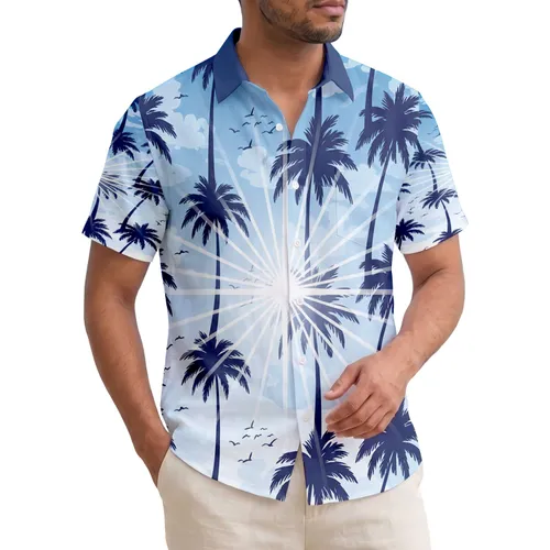 Tropical Silhouetted Palm Trees Sunburst Rays Flying Birds Ocean Waves - Vacation Home Decor Hawaiian Shirt