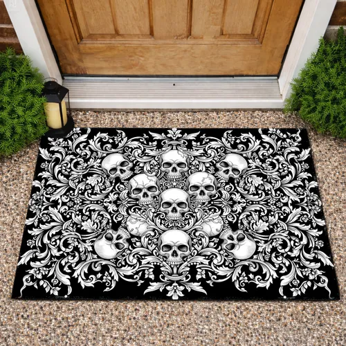Human Skulls Acanthus Rococo Foliage Floral - Home Decor Gift Doormat