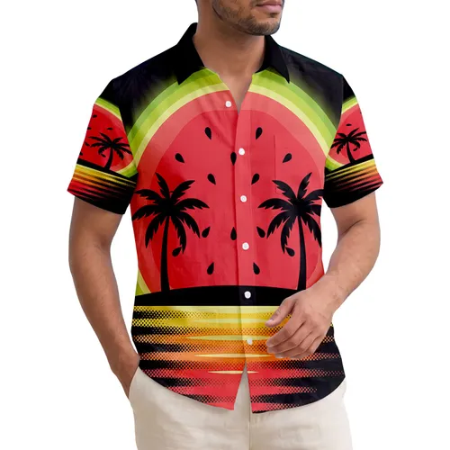 Watermelon Slice Sunset Palm Trees Island - Tropical Vacation Gift Hawaiian Shirt