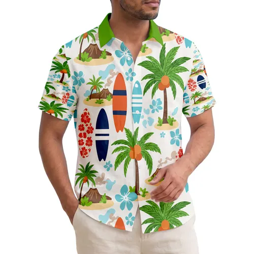Tropical Surfboard Palm Tree Volcano Island - Home Decor Gift for Travel Lover Hawaiian Shirt