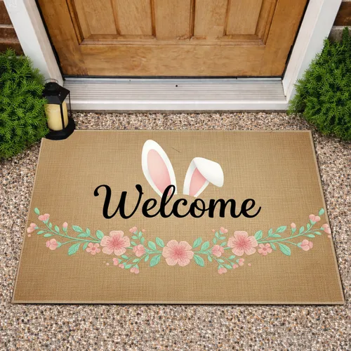 Rustic Welcome Rabbit Ears Floral Garland - Farmhouse Home Decor Gift Doormat