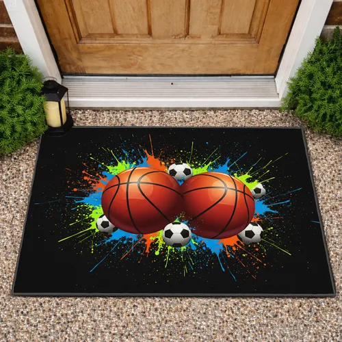 Dynamic Basketball Soccer Balls Paint Splatter - Sports Room Decor for Sports Fans Doormat