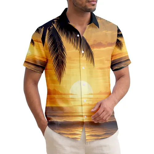 Expansive Tropical Sunset Palm Tree Ocean Island Panorama - Vacation Travel Gift Hawaiian Shirt