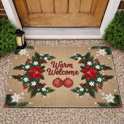 Warm Welcome Poinsettia Christmas Ornaments Pine Berry - Christmas Home Decor Doormat