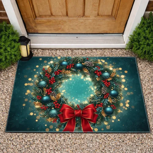 Christmas Wreath Red Bow Berries Ornaments - Christmas Holiday Decor Doormat