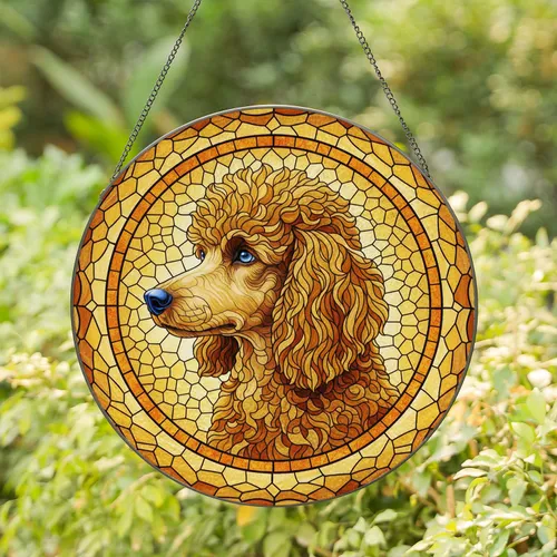 Standard Poodle Profile Amber Mosaic - Home Decor Gift for Dog Lover Stained Glass Suncatcher