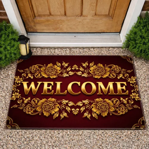 Welcome Gold Leaves Berries Petals Acanthus Floral Scrollwork - Entrance Home Decor Gift Doormat
