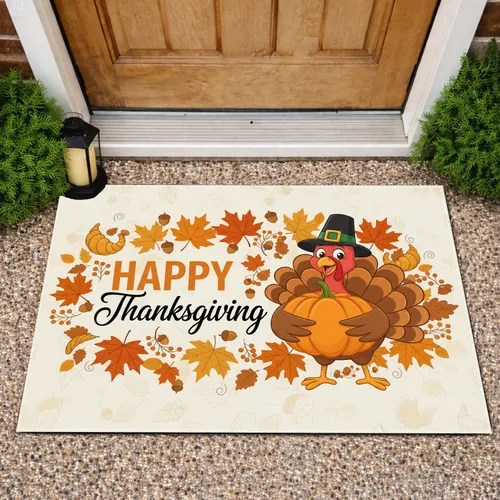 Cheerful Turkey Pumpkin Autumn Leaves - Thanksgiving Home Decor Doormat