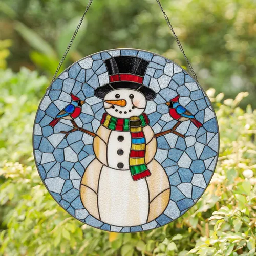 Friendly Snowman Two Birds Striped Scarf Top Hat Christmas Home Decor Gift Stained Glass Suncatcher