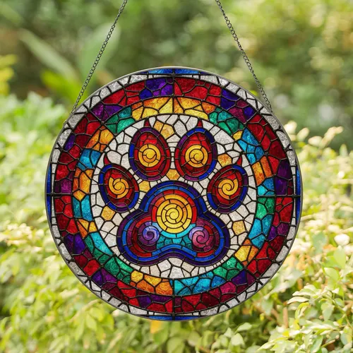 Paw Print Luminous Stained Glass Mosaic - Pet Lover Home Decor Gift Stained Glass Suncatcher